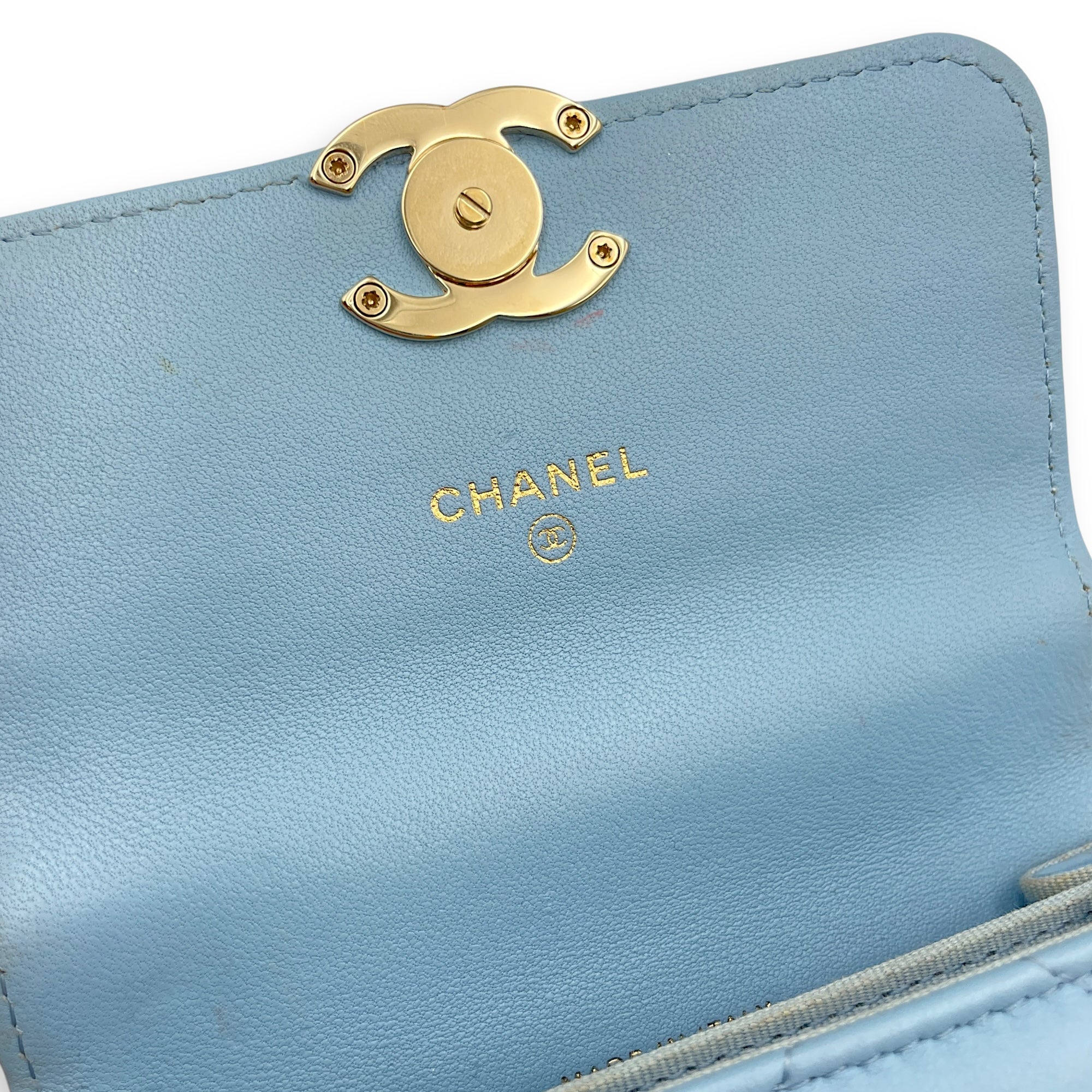 Coco Enamel Top Handle Mini Sky Blue Crossbody Bag in Lambskin, Gold hardware