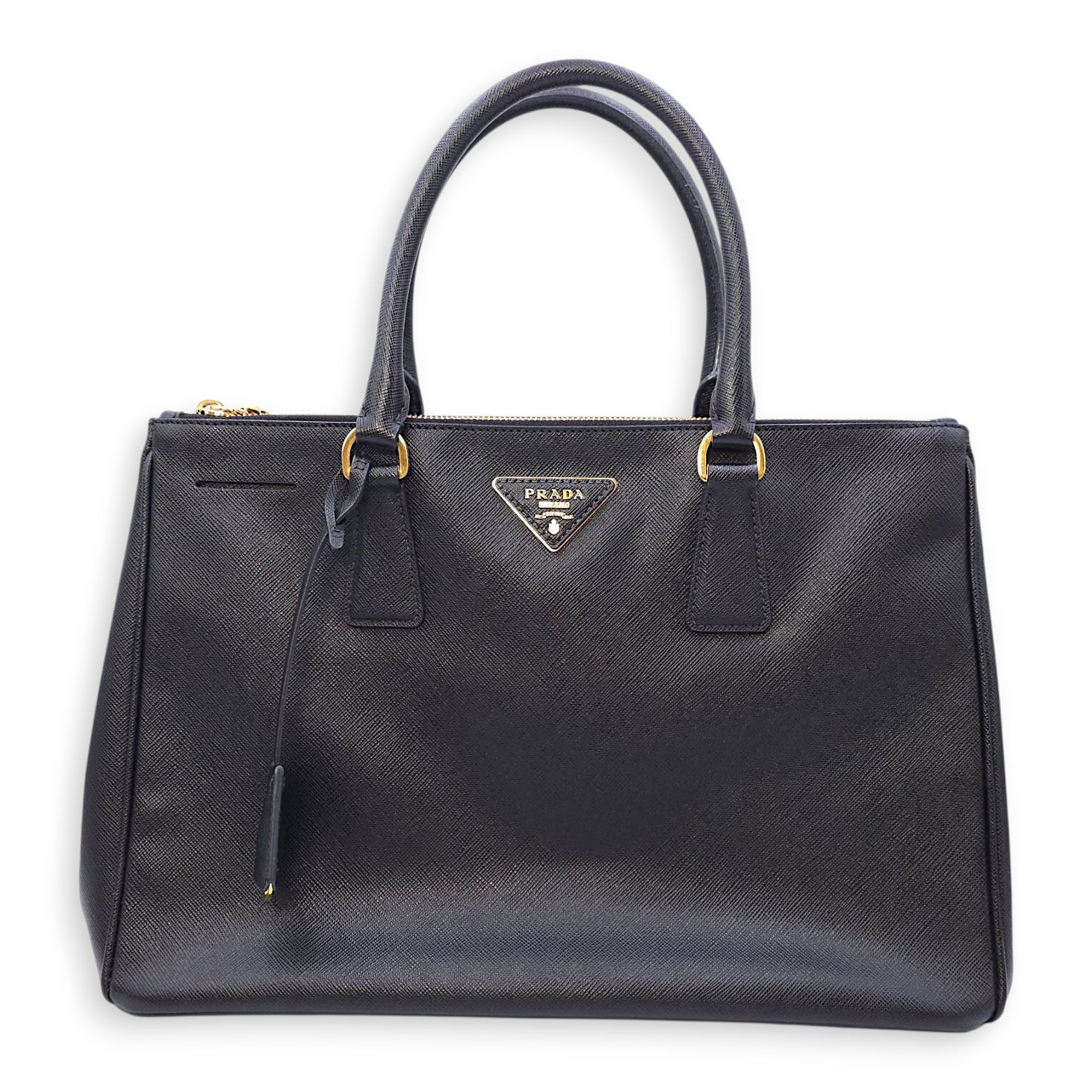 Galleria Black Top Handle Bag in Saffiano Leather, Gold hardware