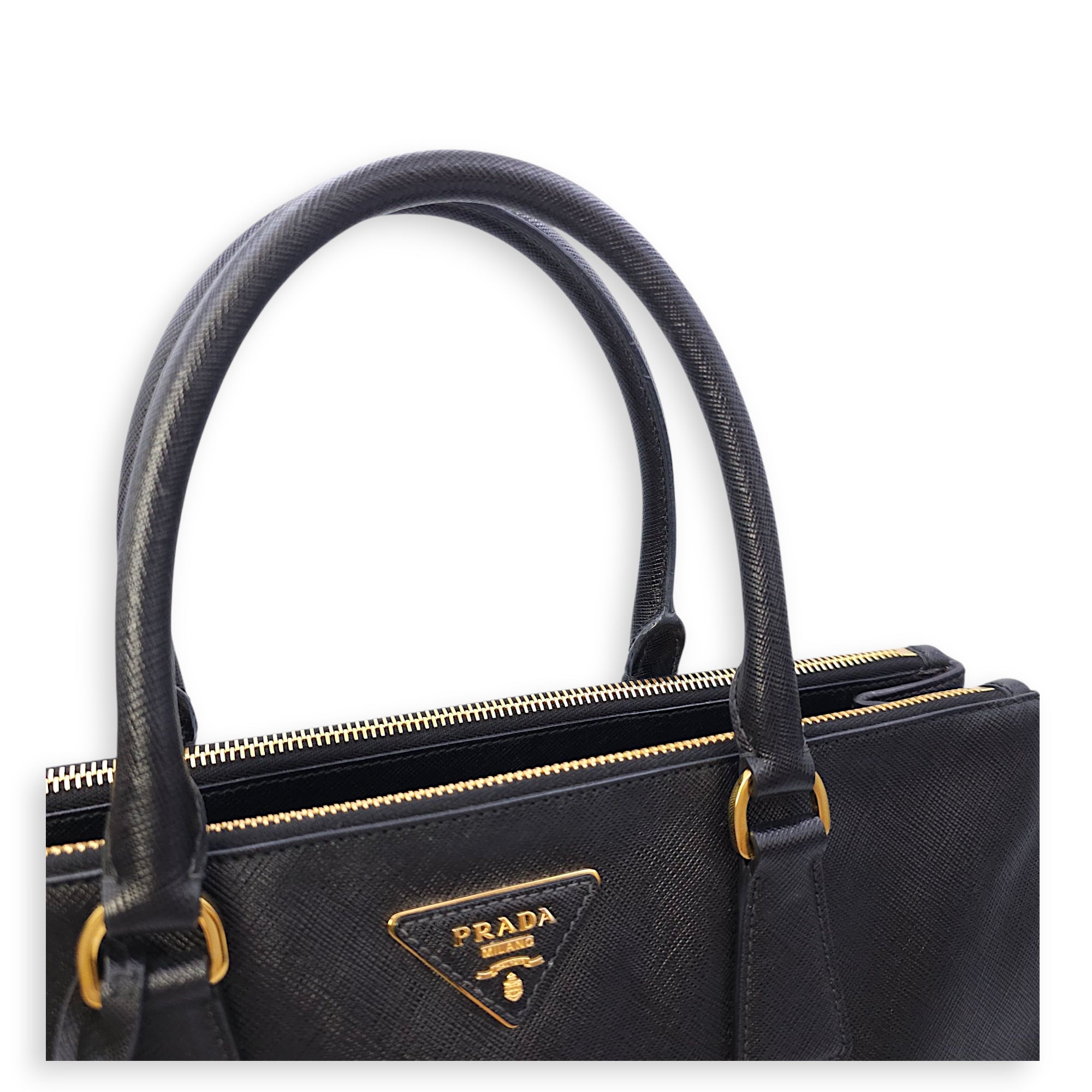 Galleria Black Top Handle Bag in Saffiano Leather, Gold hardware