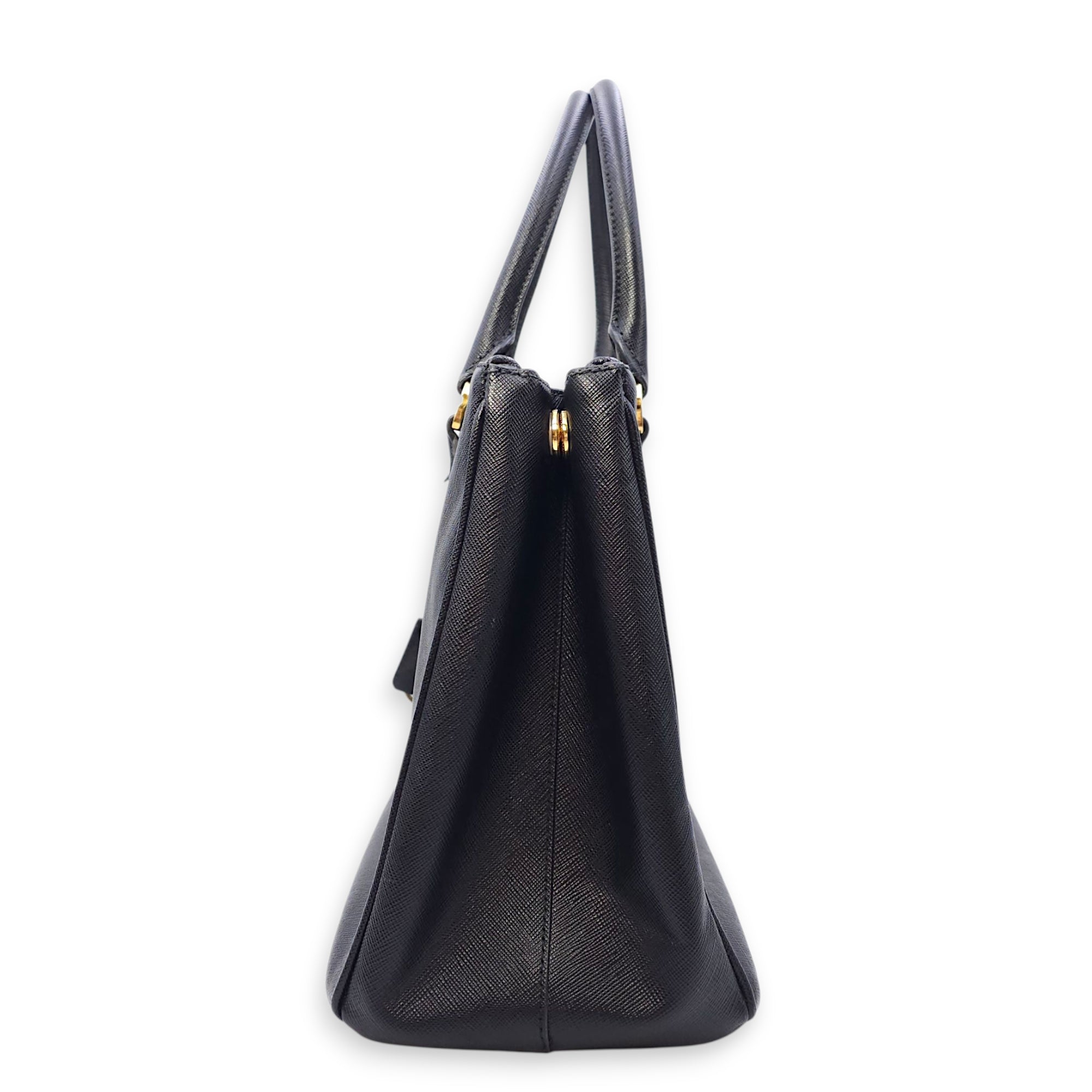 Galleria Black Top Handle Bag in Saffiano Leather, Gold hardware