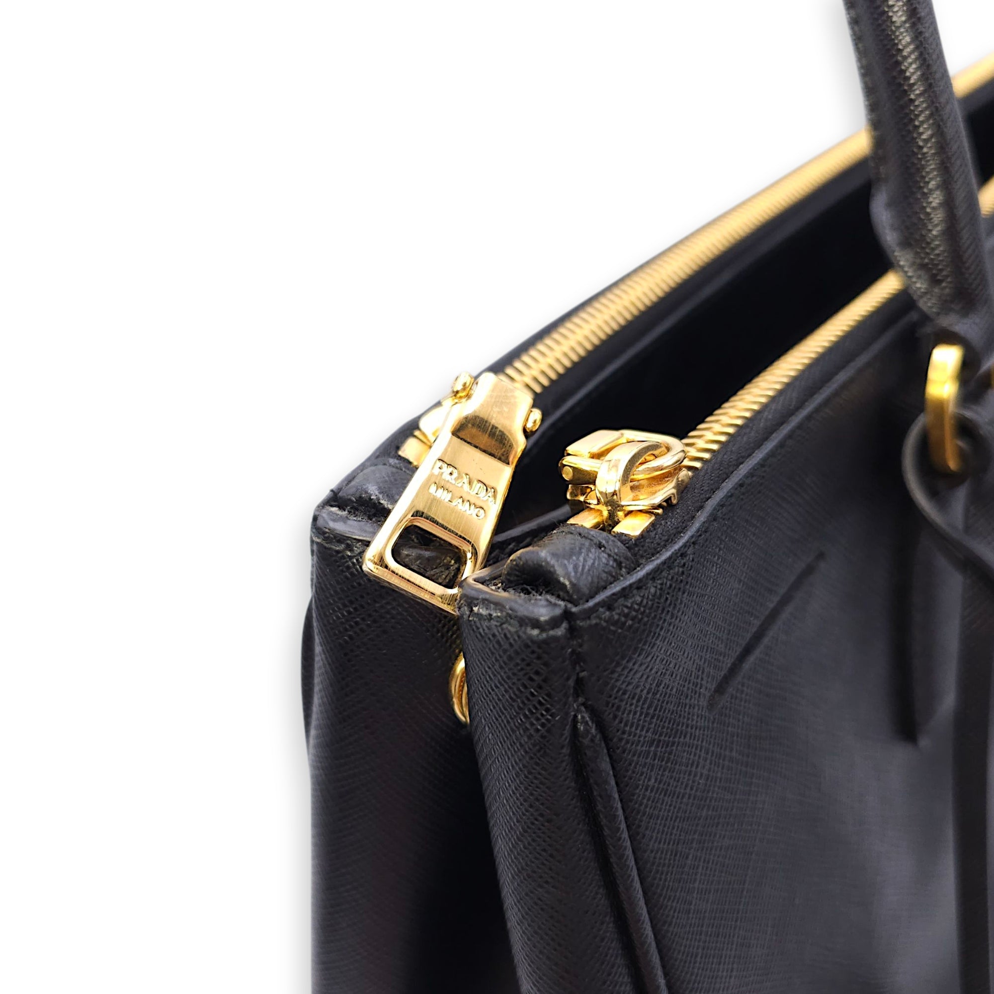 Galleria Black Top Handle Bag in Saffiano Leather, Gold hardware