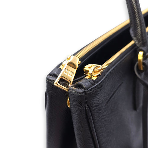 Galleria Black Top Handle Bag in Saffiano Leather, Gold hardware