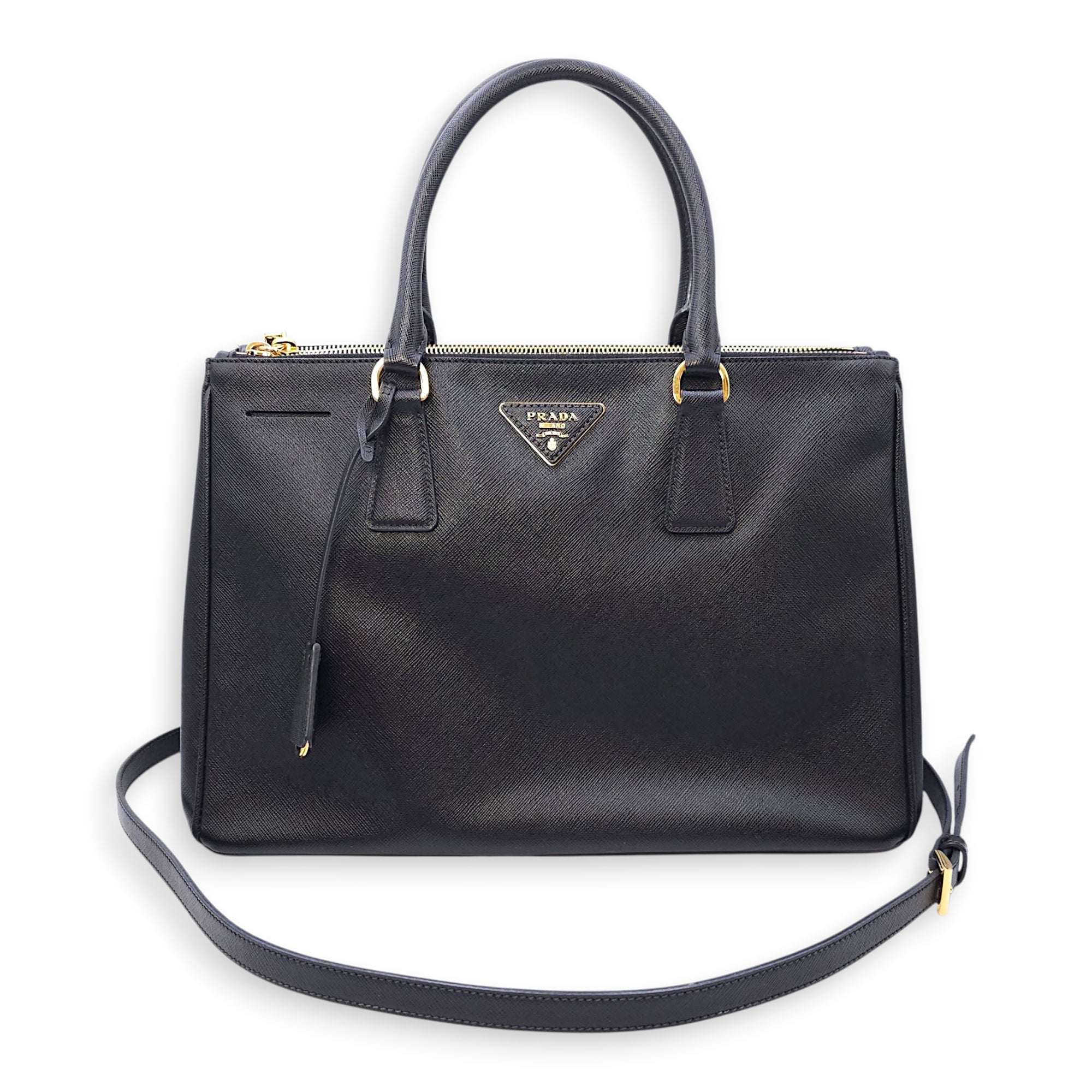 Galleria Black Top Handle Bag in Saffiano Leather, Gold hardware