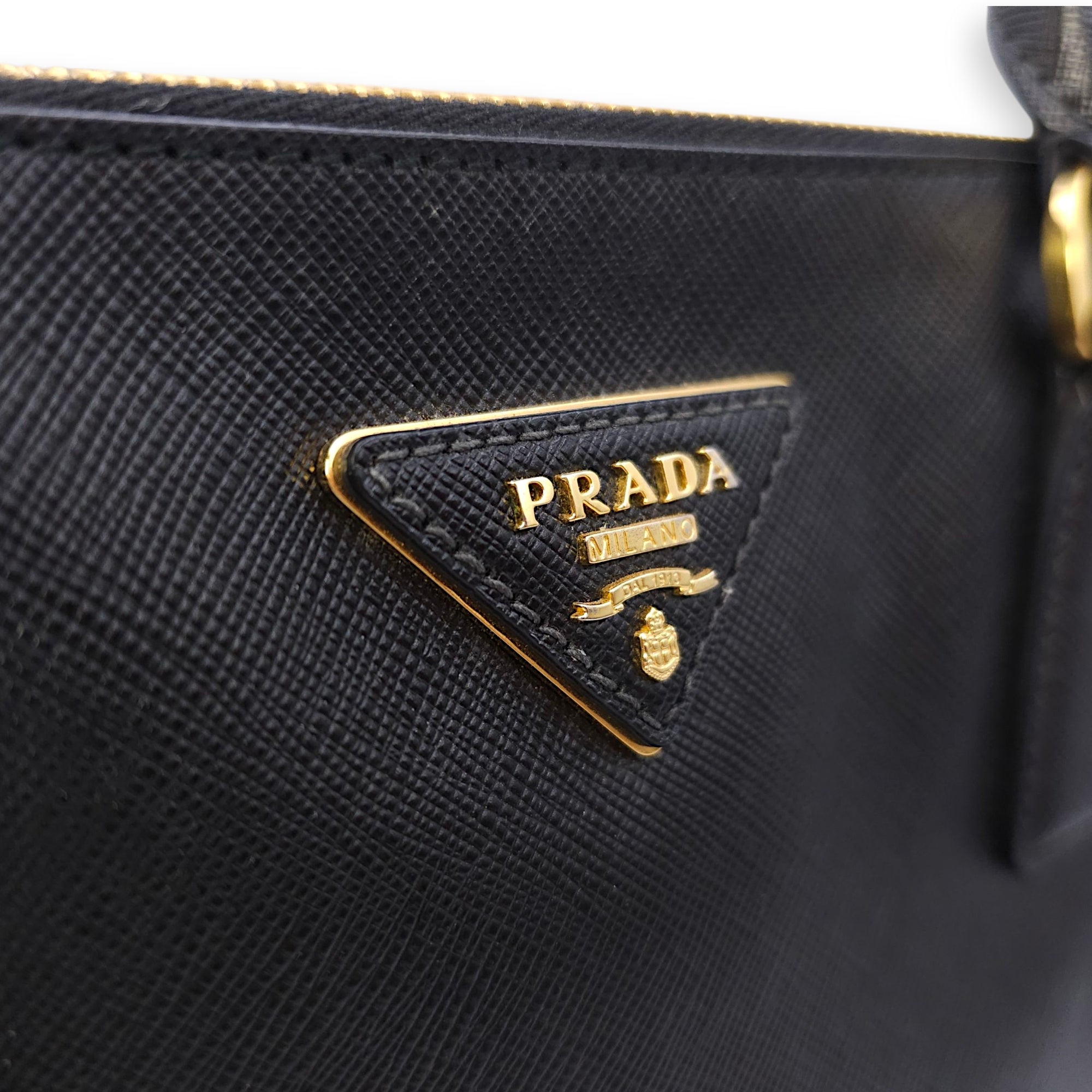 Galleria Black Top Handle Bag in Saffiano Leather, Gold hardware