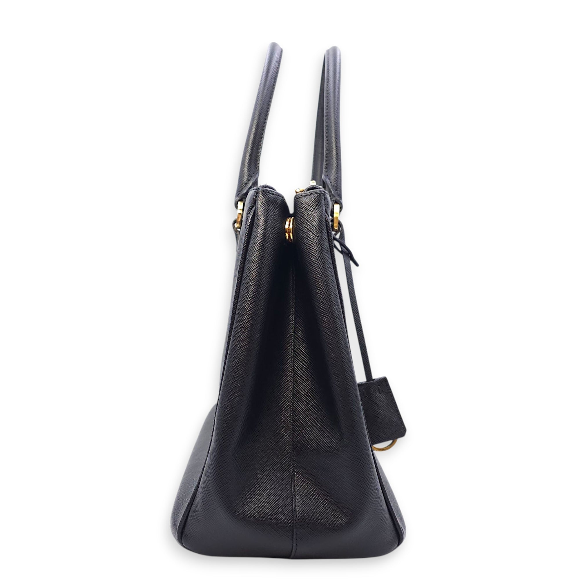 Galleria Black Top Handle Bag in Saffiano Leather, Gold hardware