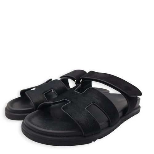 Chypre 38 Black Sandal in Pony Hair