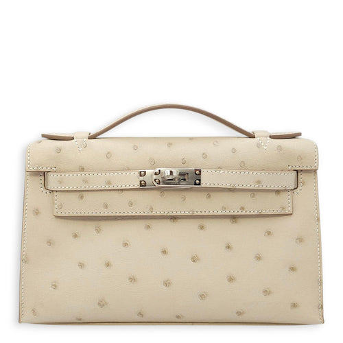 Kelly Pochette Craie in Ostrich, Palladium hardware