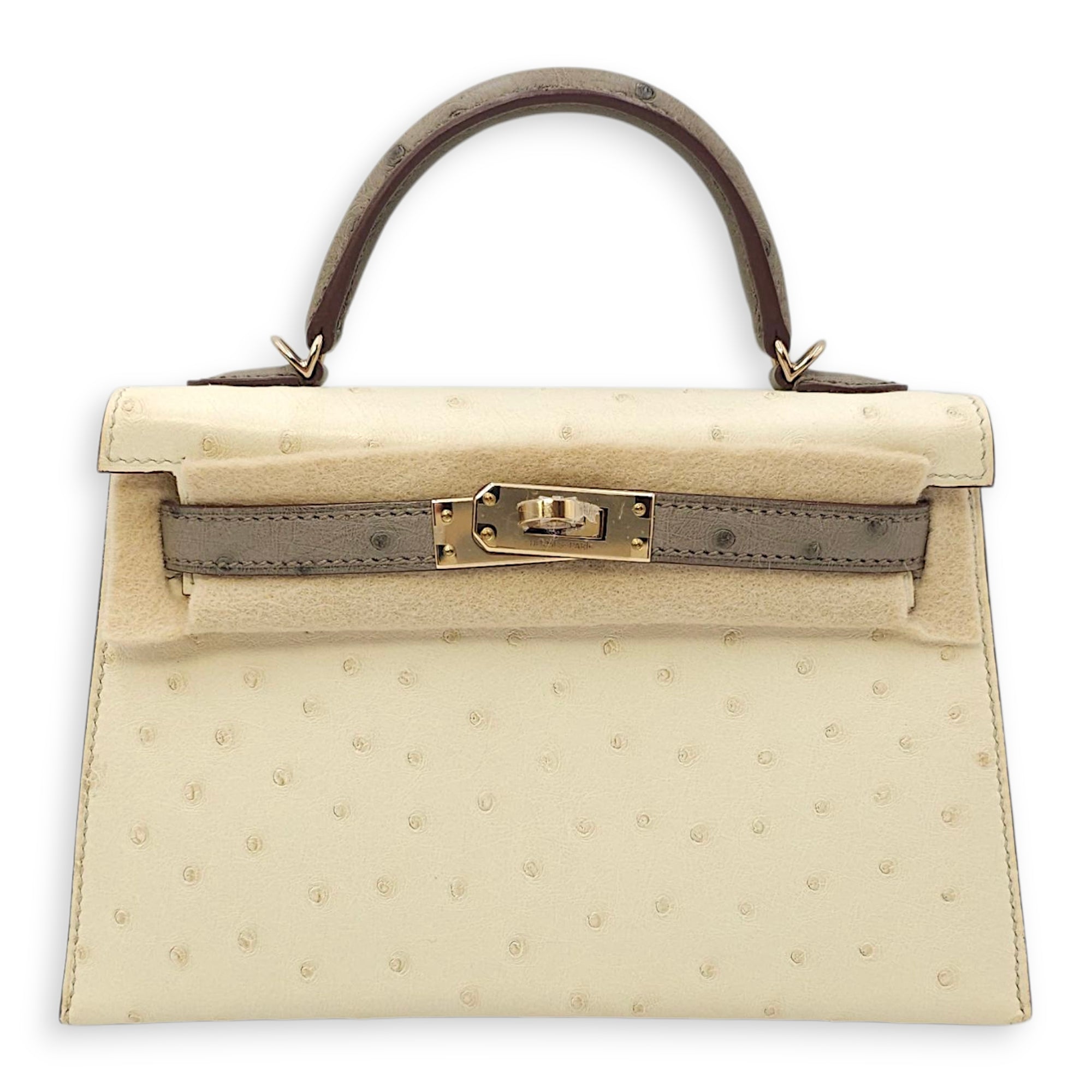 HSS Sellier Kelly 20 Nata/Gris Asphalt in Ostrich, Permabrass hardware