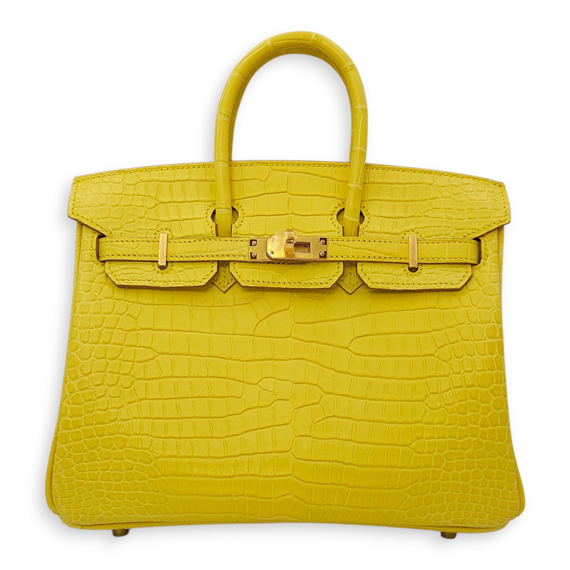 Birkin 25 Mimosa in Matte Porosus, Gold hardware
