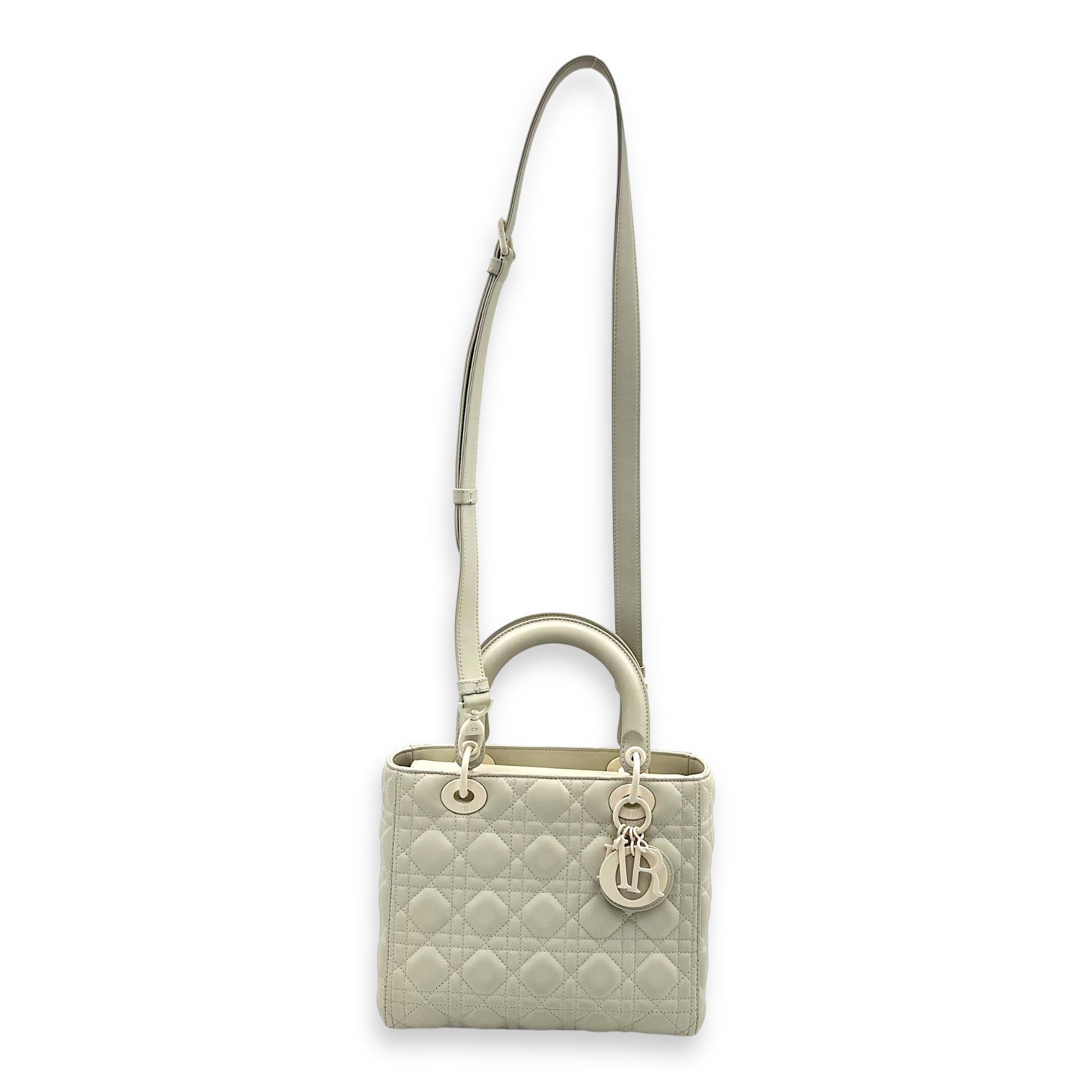 Lady Dior Top Handle Bag Medium White in Lambskin, Ultramatte hardware