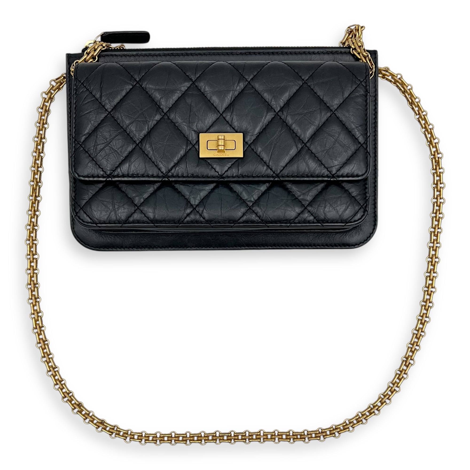 2.55 Shoulder Bag Black in Calfskin, Gold hardware