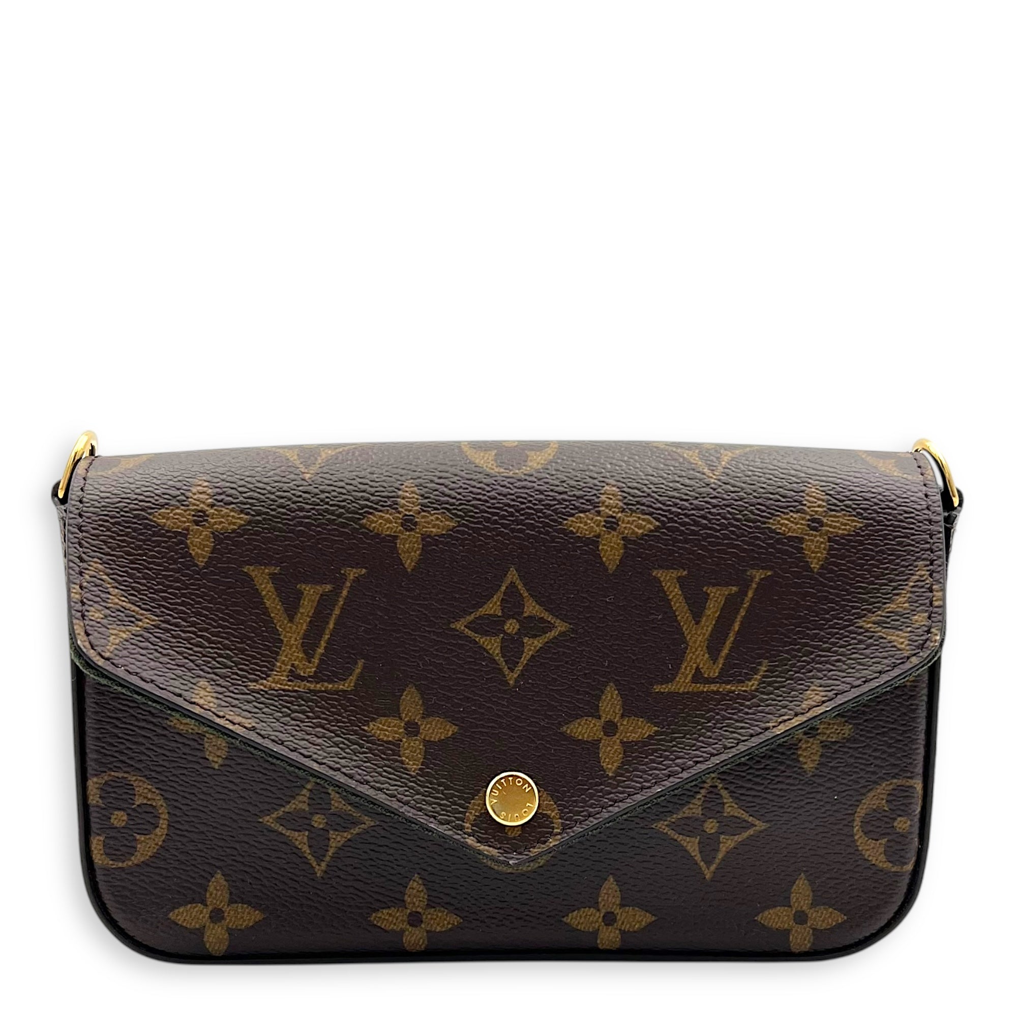 Felicie Strap To Go Wallet On Chain Brown in Monogram Coated Canvas, Gold hardware