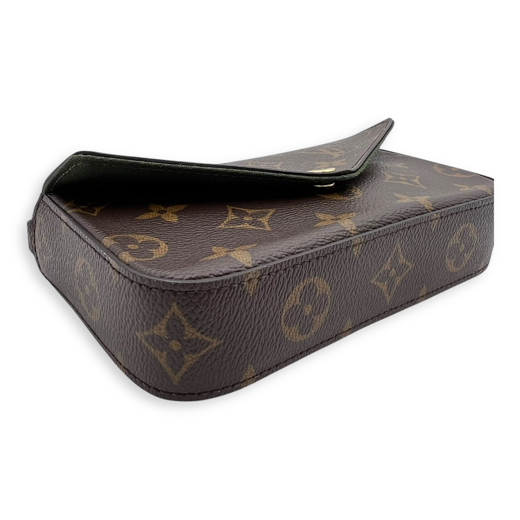 Felicie Strap To Go Wallet On Chain Brown in Monogram Coated Canvas, Gold hardware