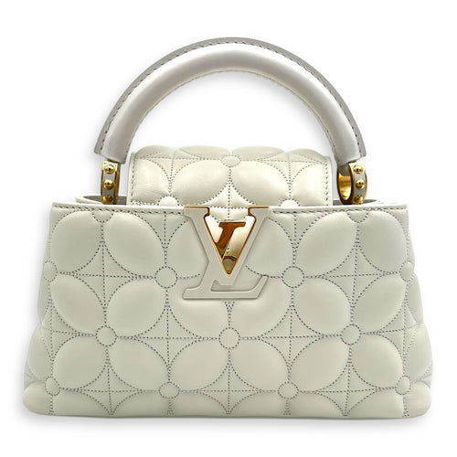 Capucines East West Mini White Top Handle Bag in Calfskin, Gold hardware