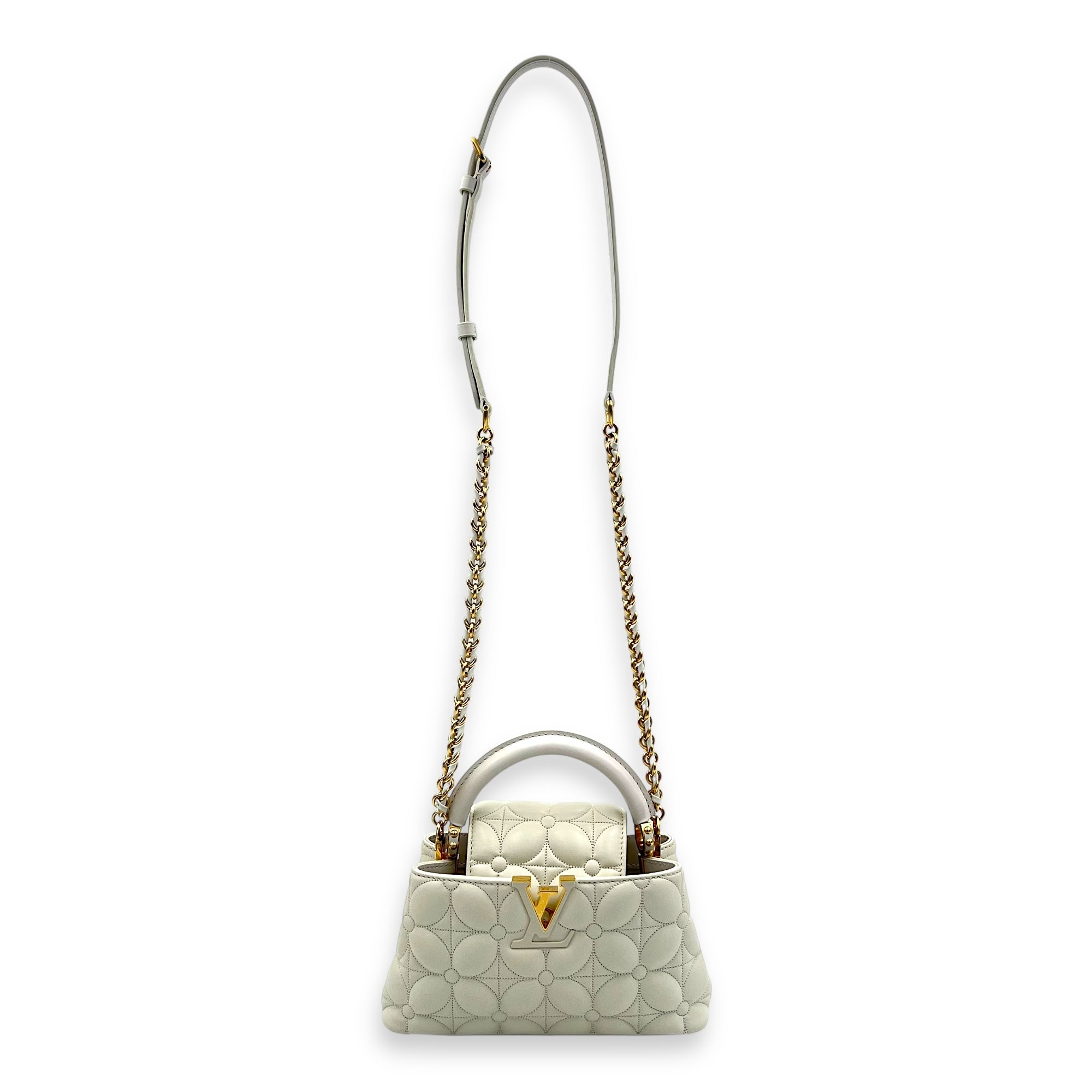 Capucines East West Mini White Top Handle Bag in Calfskin, Gold hardware