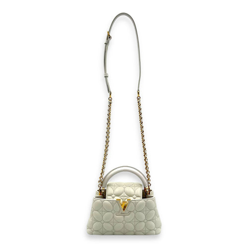 Capucines East West Mini White Top Handle Bag in Calfskin, Gold hardware