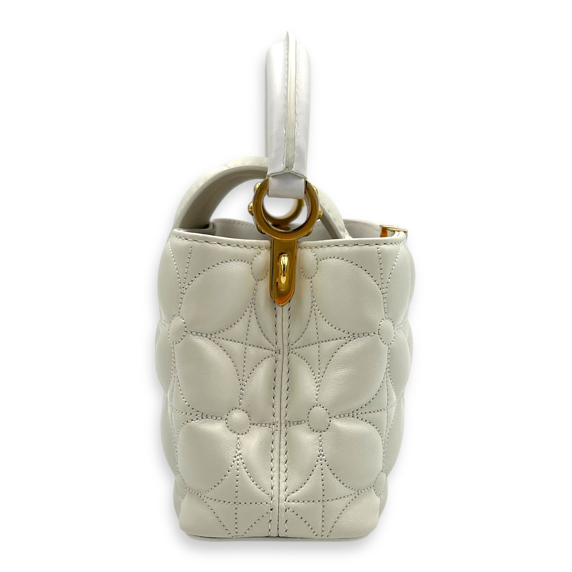 Capucines East West Mini White Top Handle Bag in Calfskin, Gold hardware