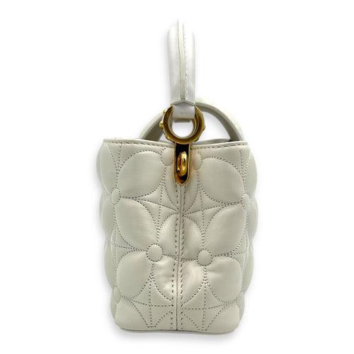 Capucines East West Mini White Top Handle Bag in Calfskin, Gold hardware
