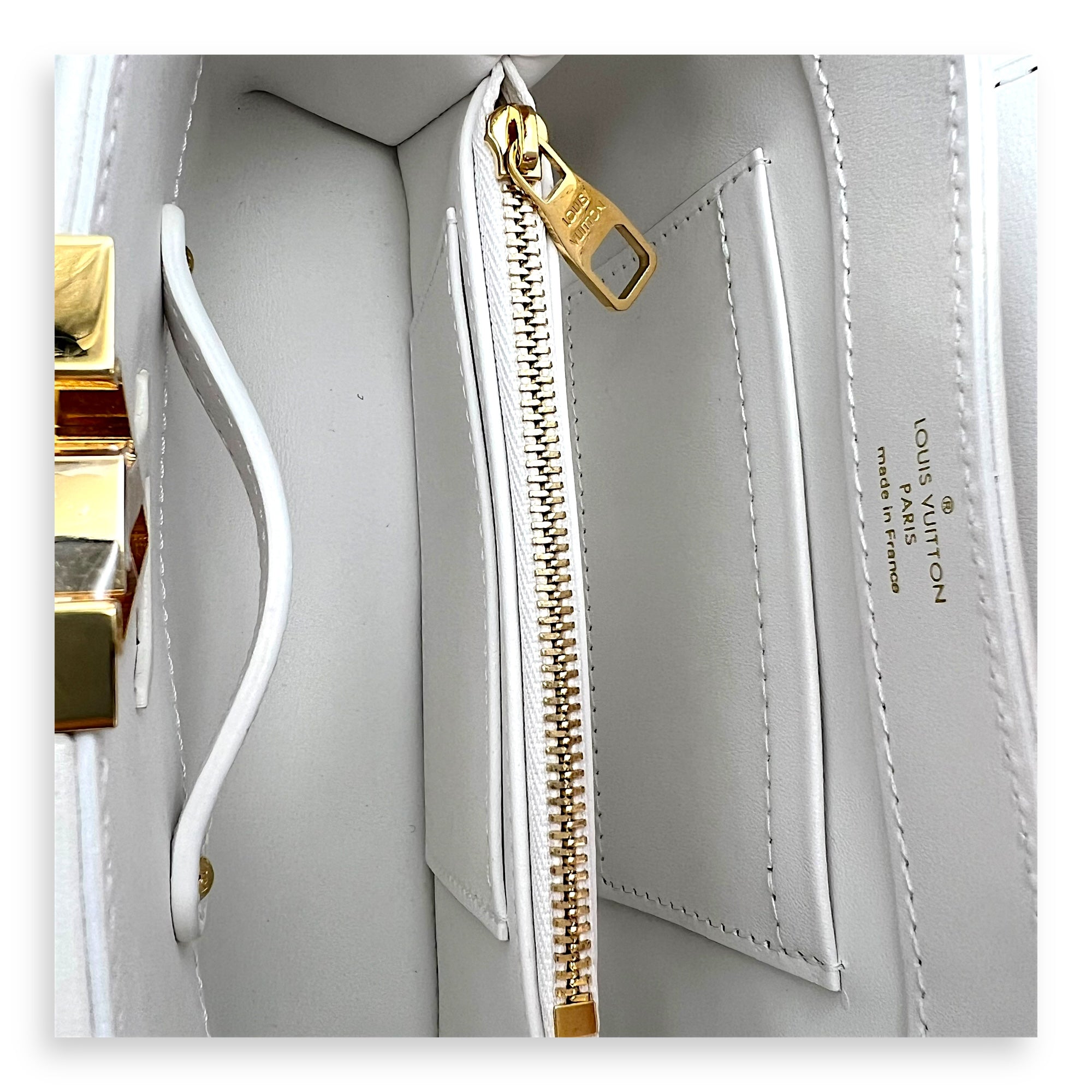 Capucines East West Mini White Top Handle Bag in Calfskin, Gold hardware