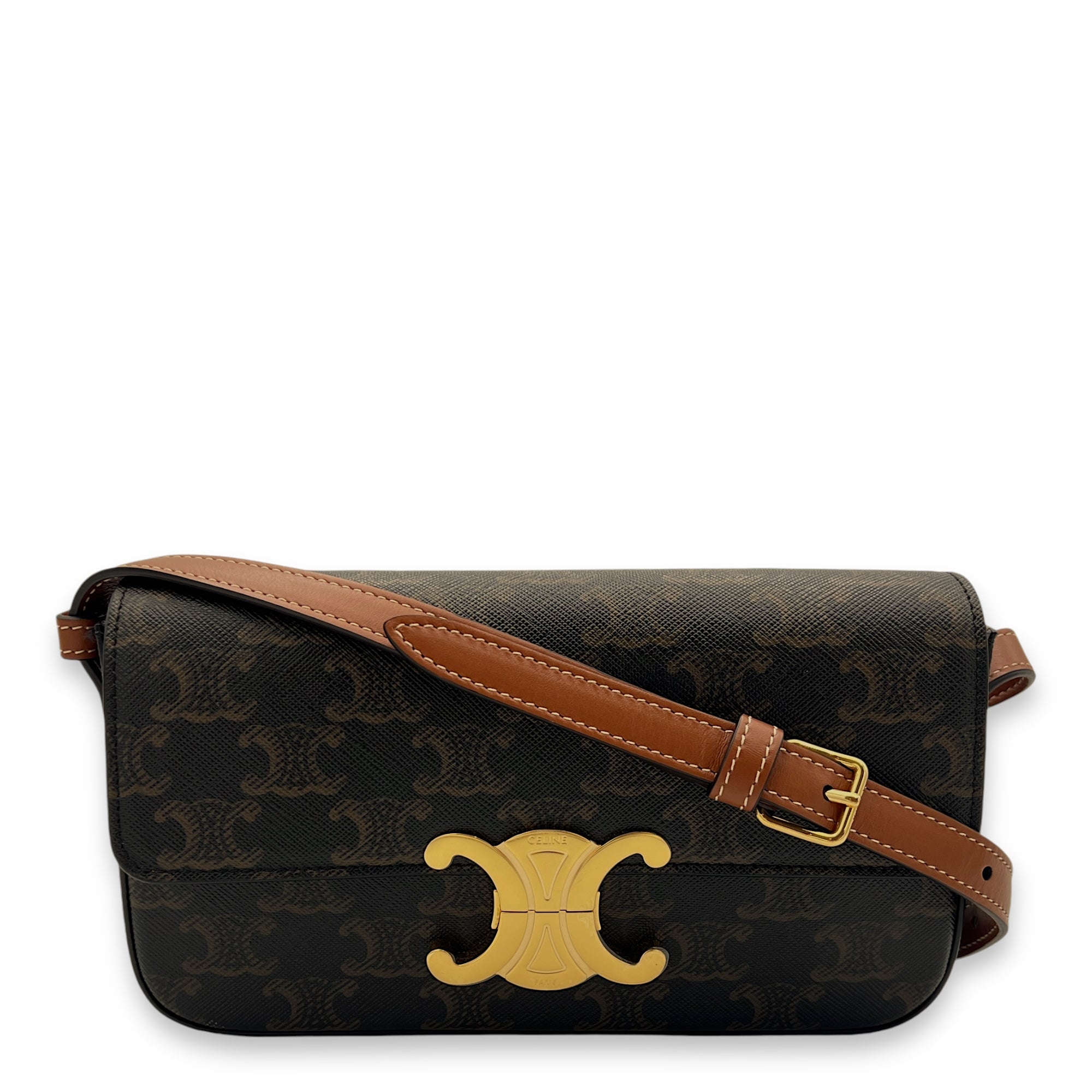 Claude Triomphe Brown Shoulder Bag in Coated Canvas Gold hardware