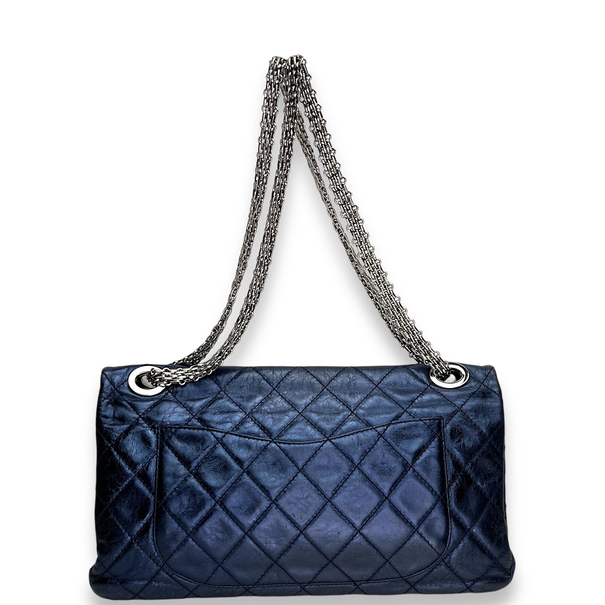2.55 Large Navy Shoulder Bag in Distressed Leather, Silver hardware
