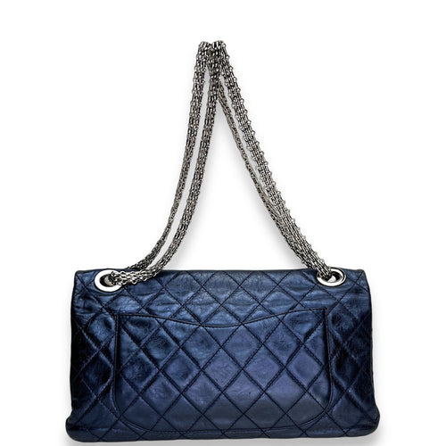 2.55 Large Navy Shoulder Bag in Distressed Leather, Silver hardware