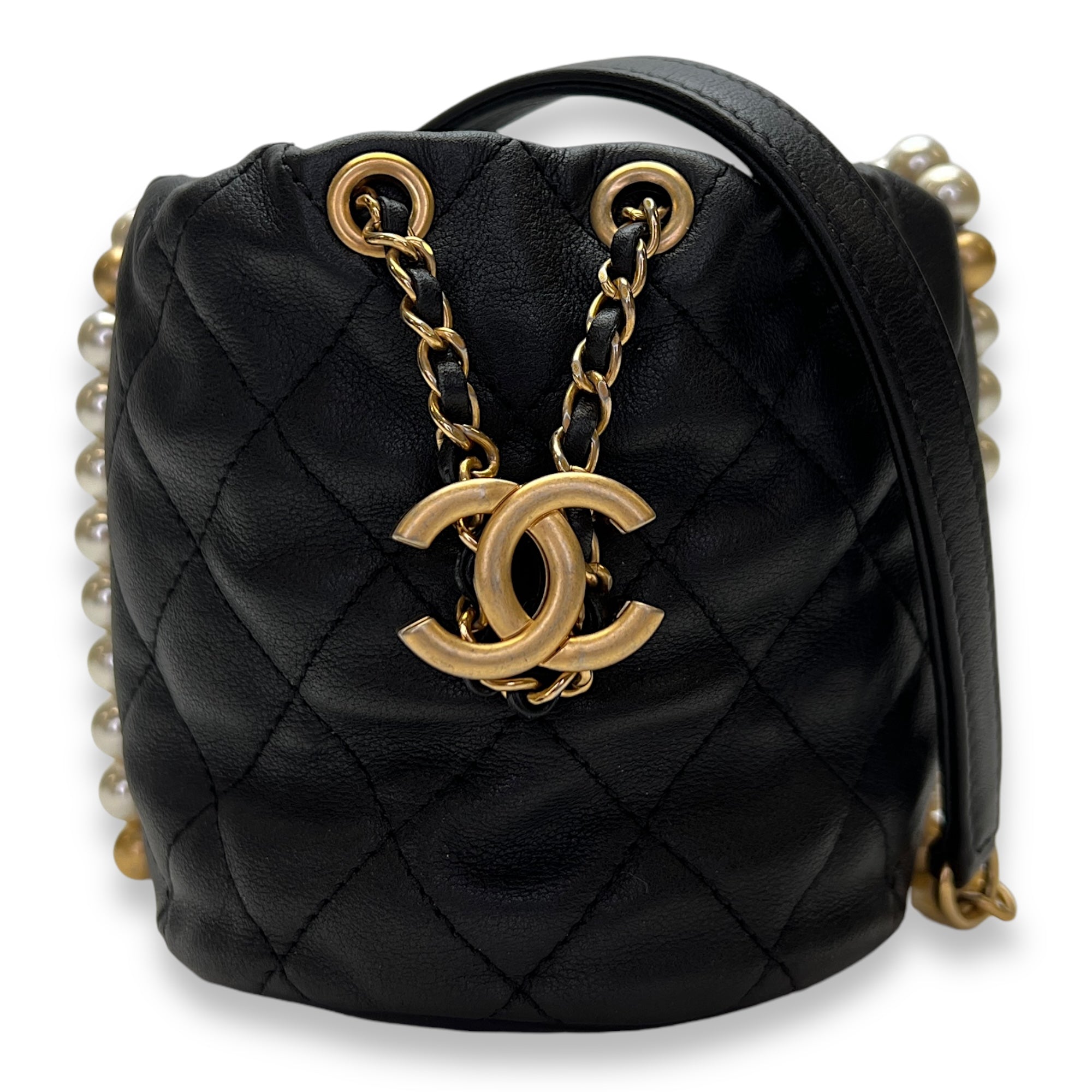 Chanel About Pearls Mini Black Bucket Bag in Calfskin, Gold