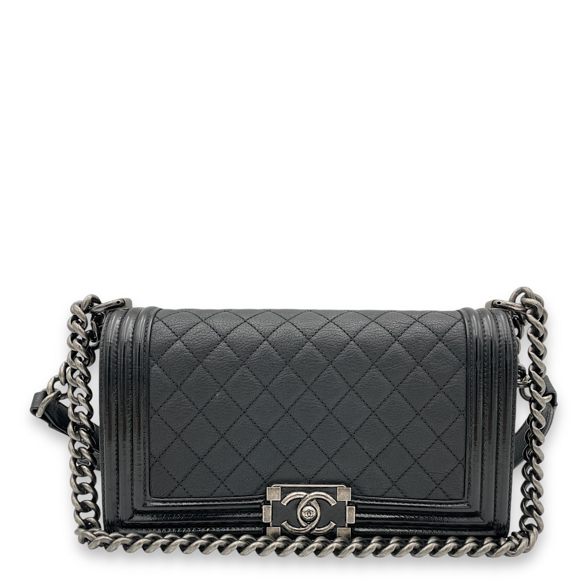 Chanel Boy Old Medium Black Shoulder Bag in Goat Leather Ruthenium hardware Singapore