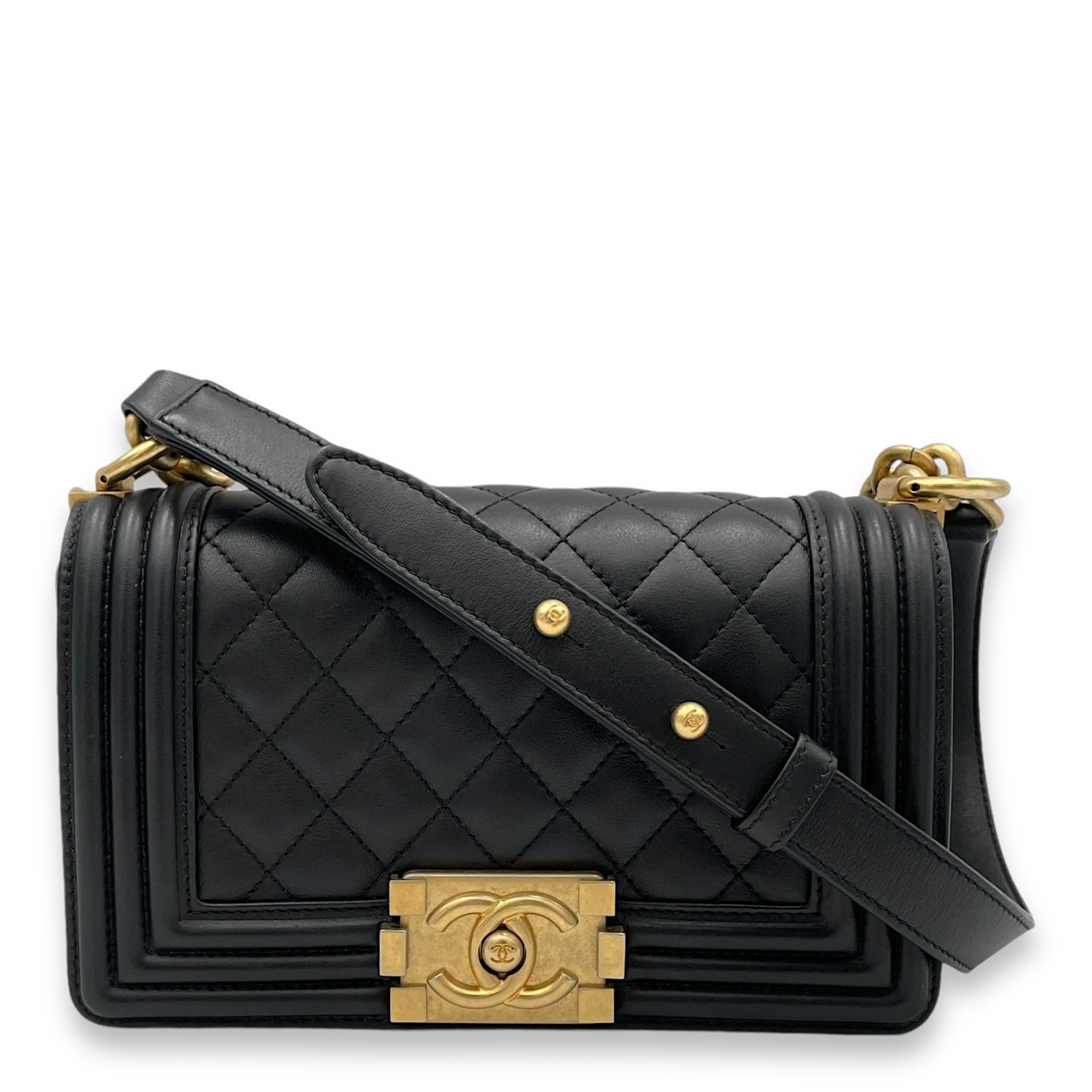 Chanel Boy Small Crossbody Bag Black in Calfskin, Brushed Gold
