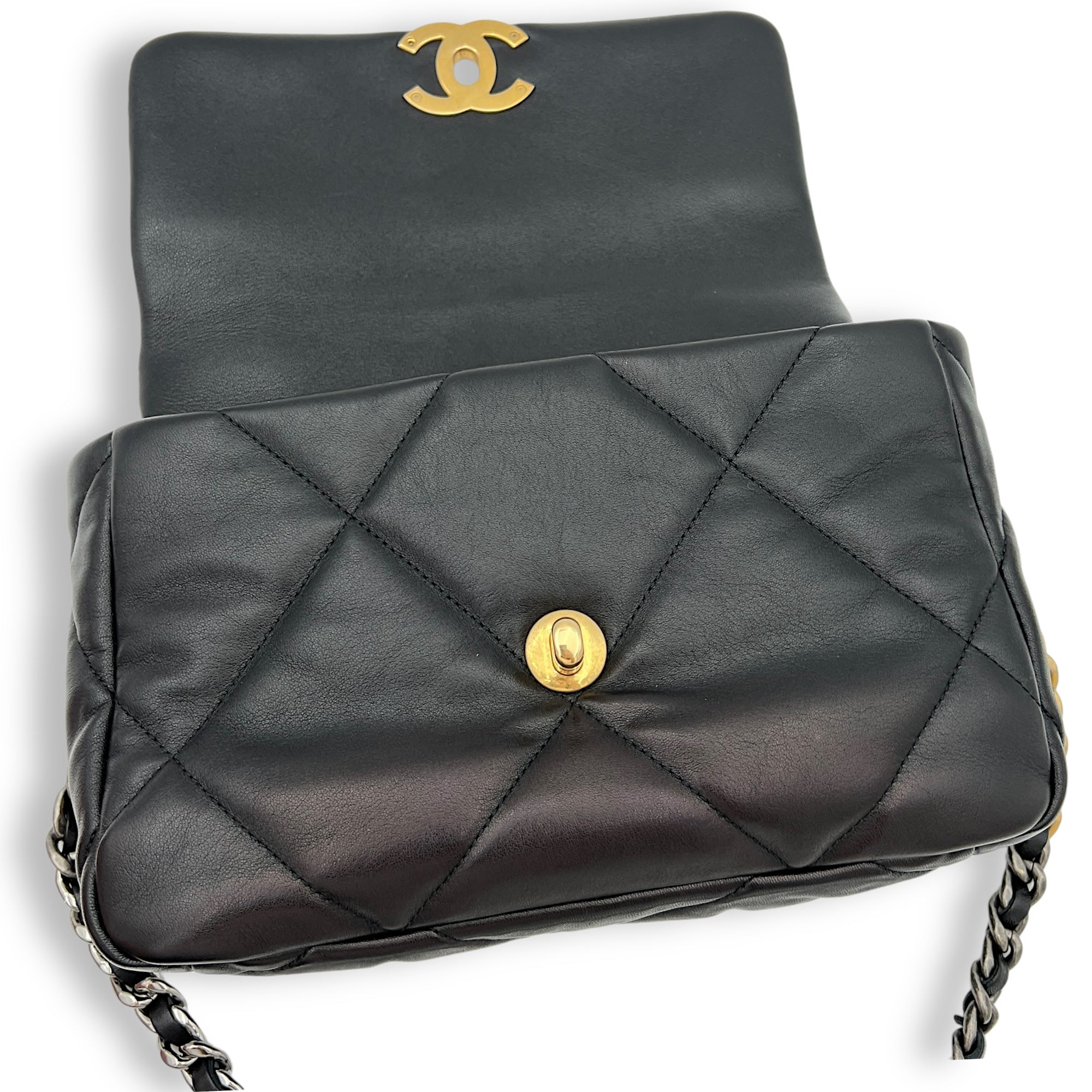 C19 Small Black Top Handle Bag in Lambskin, Mixed hardware