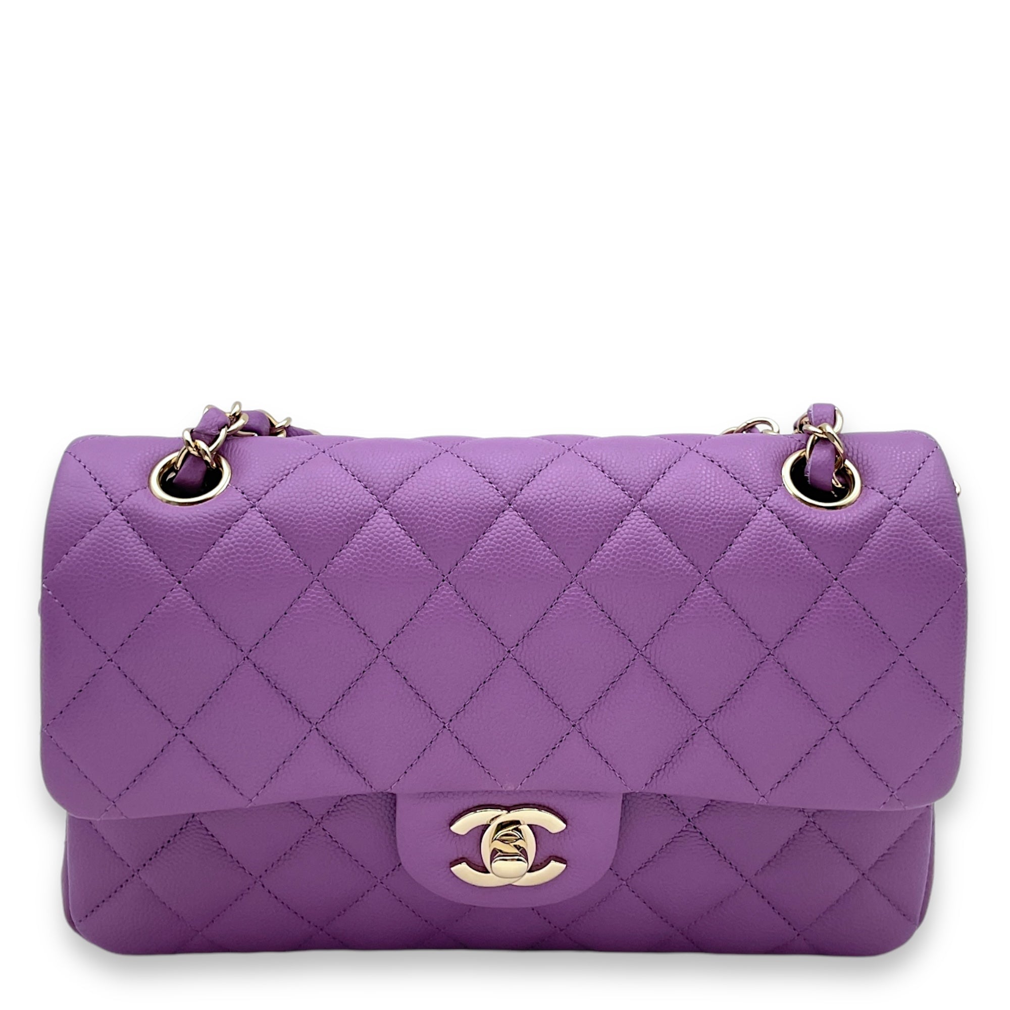 Classic Double Flap Small Purple Shoulder Bag in Caviar Gold hardware