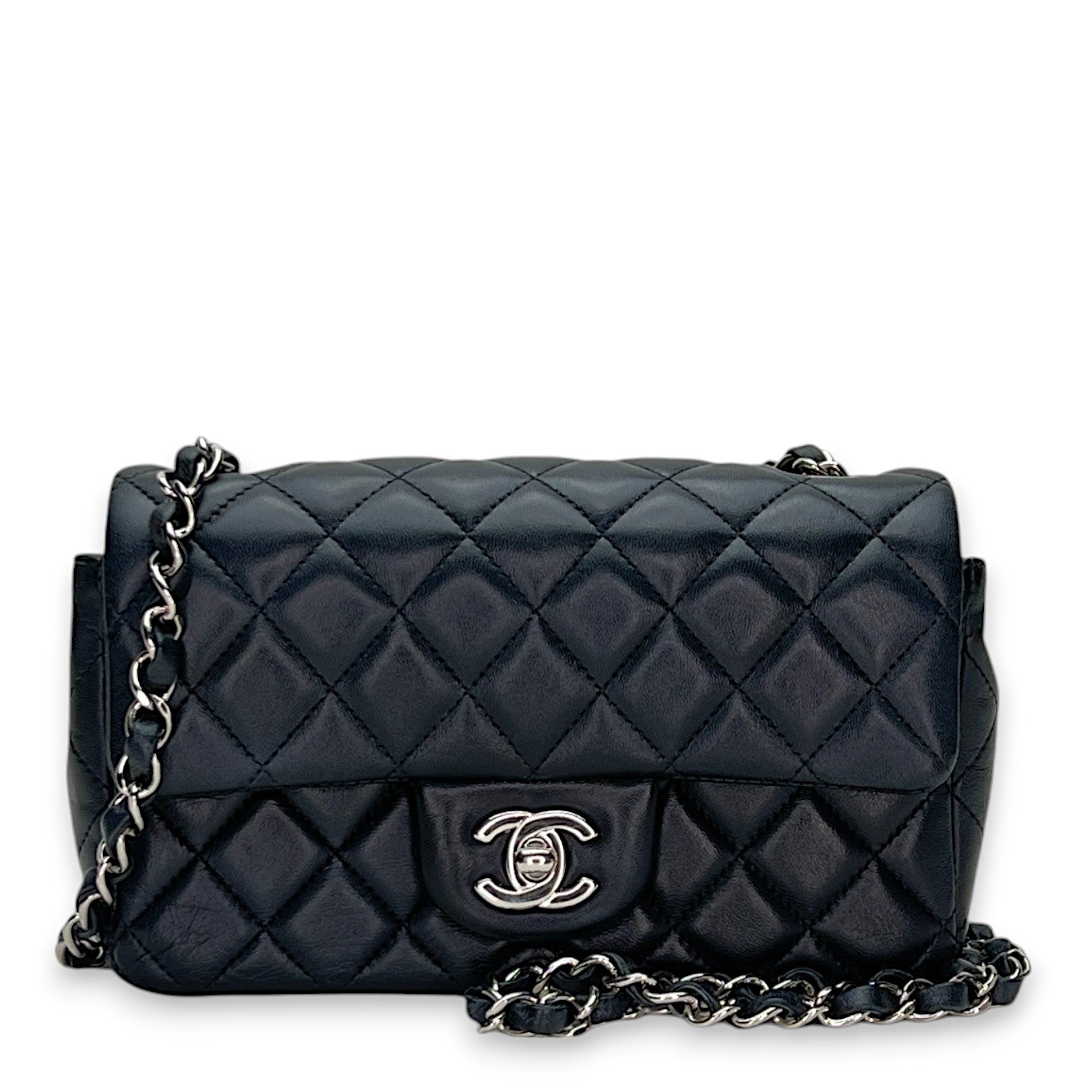 Chanel Classic Flap Mini Rectangle Navy Shoulder Bag in Lambskin Silver hardware Singapore