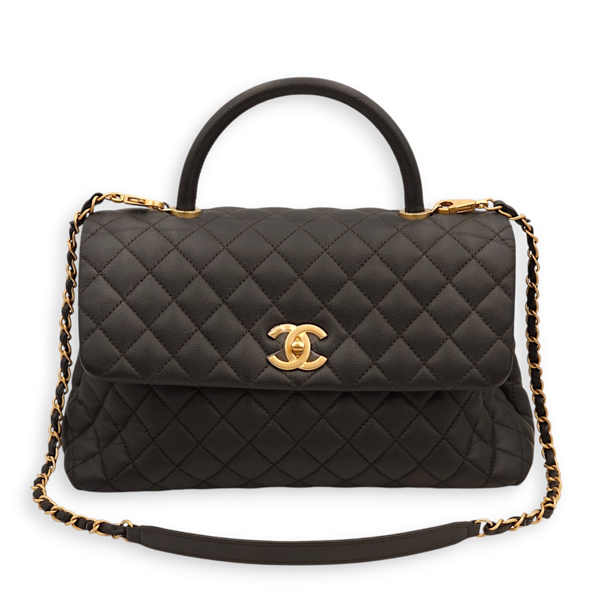 Coco Large Black Top Handle Bag in Caviar Leather, Gold hardware