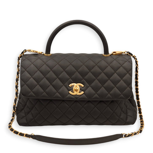 Coco Large Black Top Handle Bag in Caviar Leather, Gold hardware