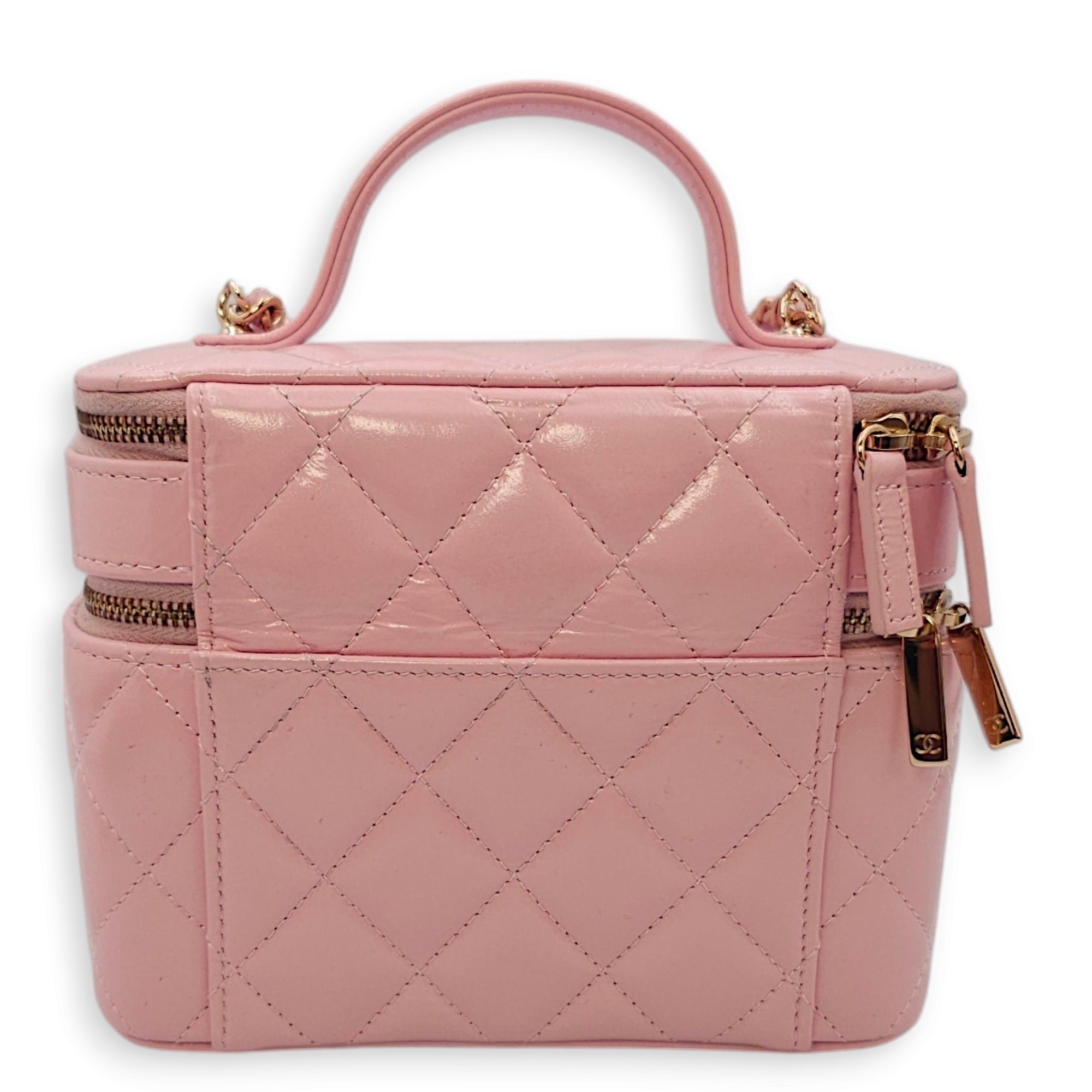 Double Layer 16x13x8.5cm Pink Vanity Bag in Glazed Calf, Gold hardware