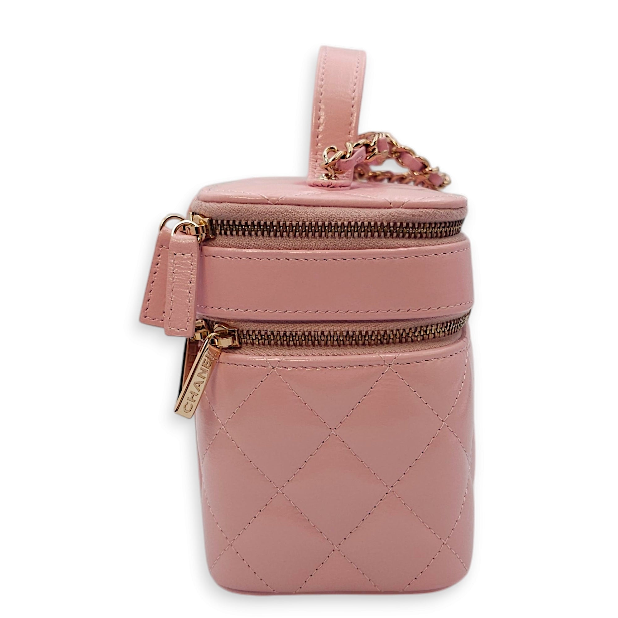 Double Layer 16x13x8.5cm Pink Vanity Bag in Glazed Calf, Gold hardware
