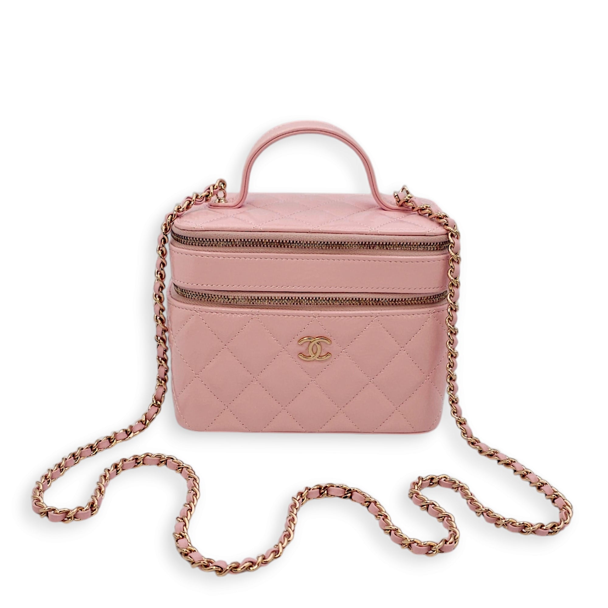 Double Layer 16x13x8.5cm Pink Vanity Bag in Glazed Calf, Gold hardware