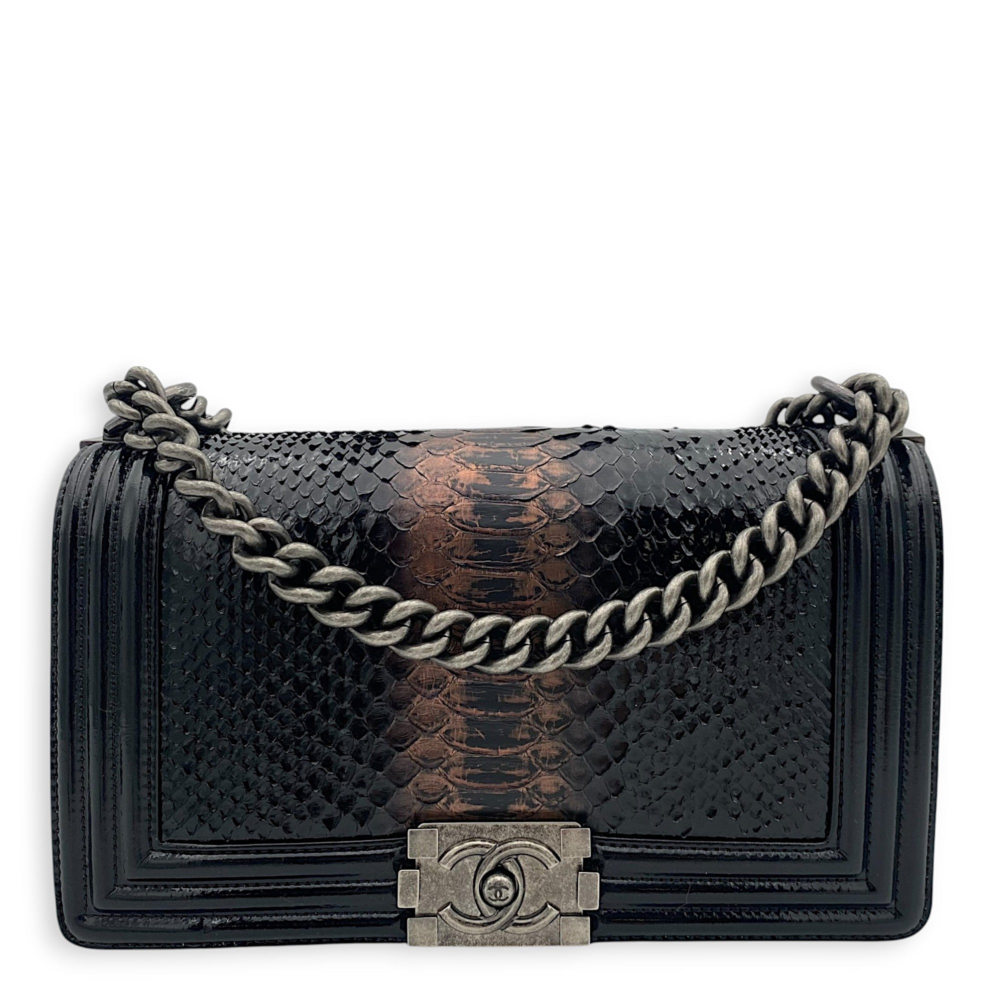 Chanel Boy Black Shoulder Bag in Python and Patent Leather, Ruthenium hardware_1
