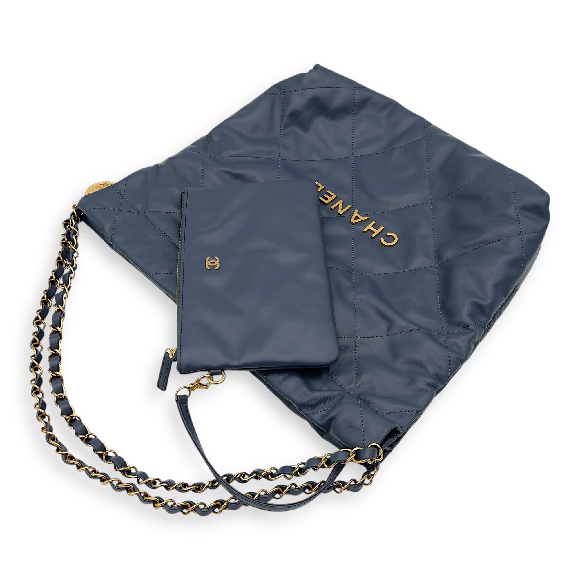 Chanel C22 Shoulder Bag Blue in Lambskin, Gold hardware_14