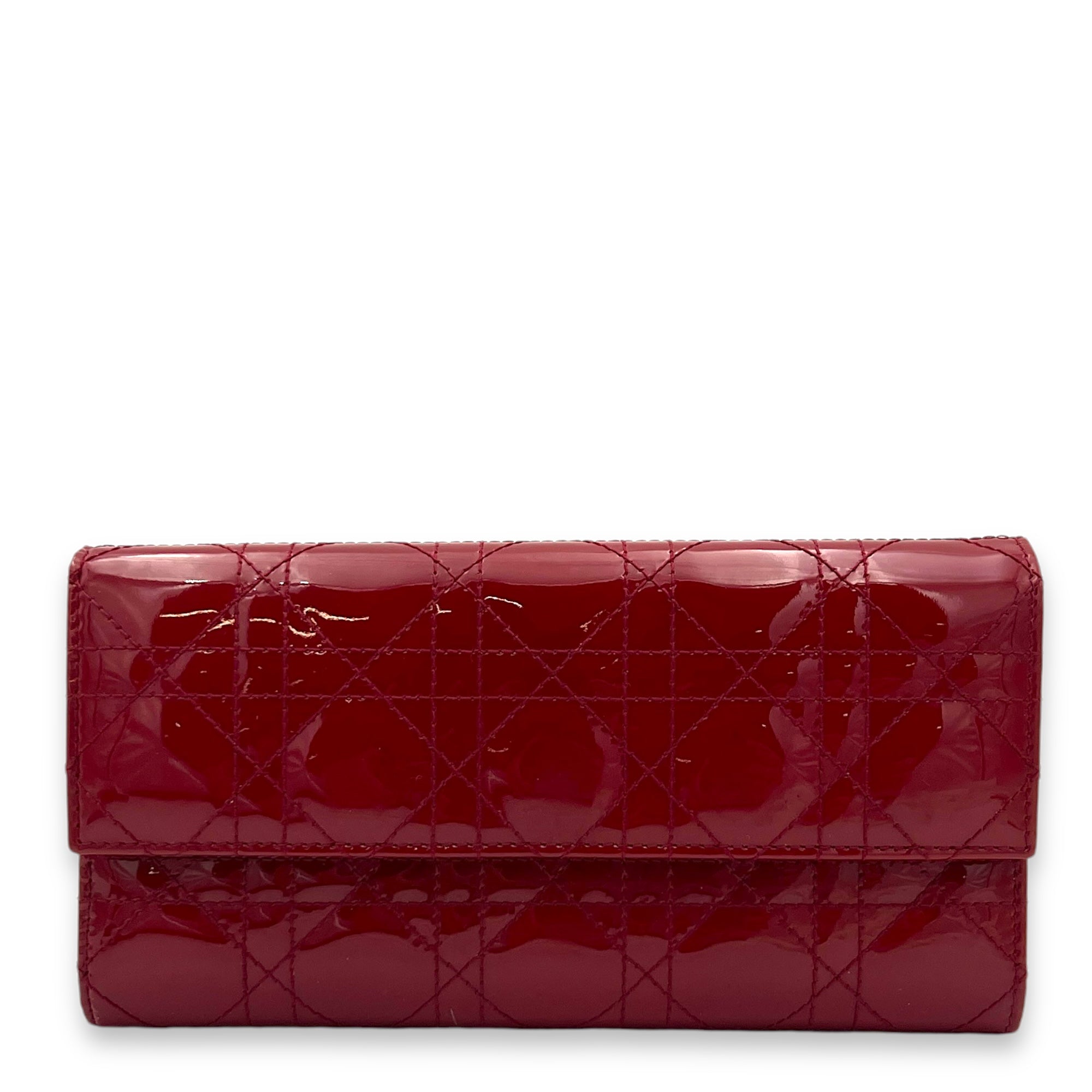 Cannage Red Wallet On Chain in Patent Leather Silver hardware