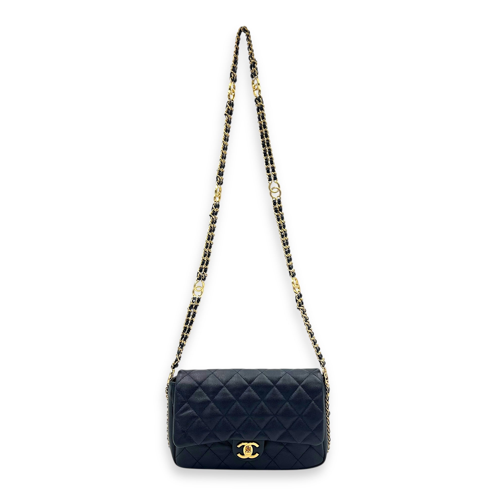 Chain Around Blue Crossbody Bag in Caviar Leather, Gold hardware
