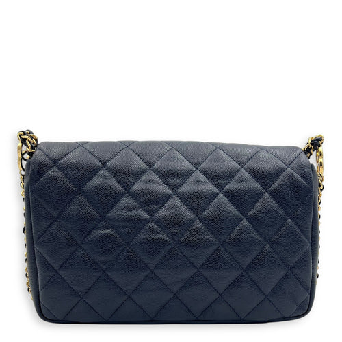 Chain Around Blue Crossbody Bag in Caviar Leather, Gold hardware