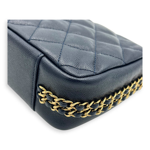 Chain Around Blue Crossbody Bag in Caviar Leather, Gold hardware