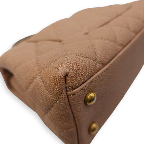 Quilted Coco Handle Small Beige Shoulder Bag in Caviar Leather, Gold hardware