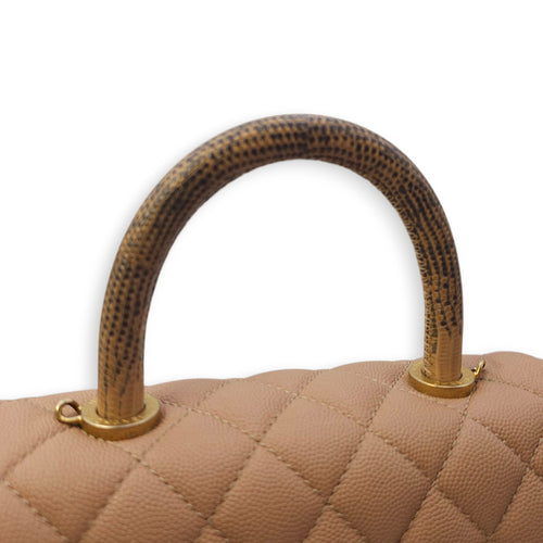 Quilted Coco Handle Small Beige Shoulder Bag in Caviar Leather, Gold hardware