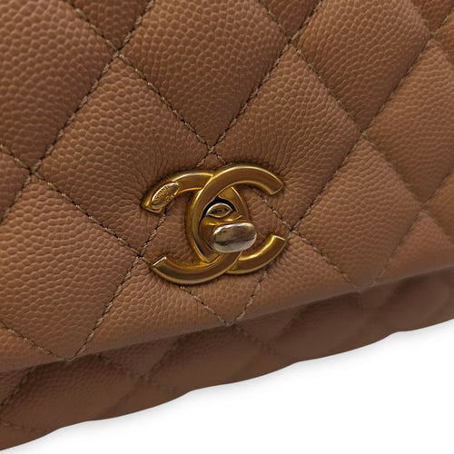Quilted Coco Handle Small Beige Shoulder Bag in Caviar Leather, Gold hardware