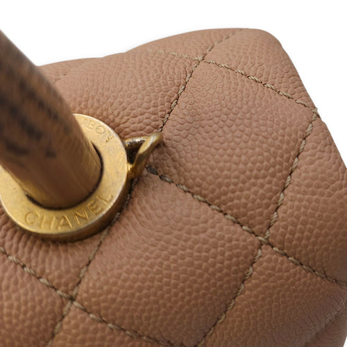 Quilted Coco Handle Small Beige Shoulder Bag in Caviar Leather, Gold hardware