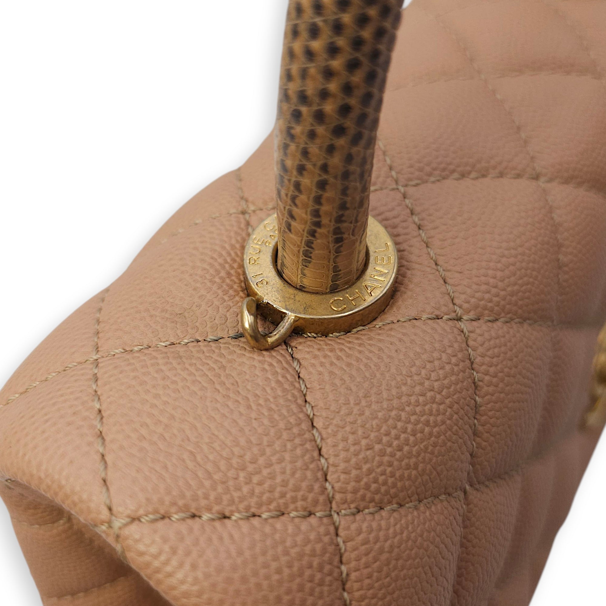 Quilted Coco Handle Small Beige Shoulder Bag in Caviar Leather, Gold hardware