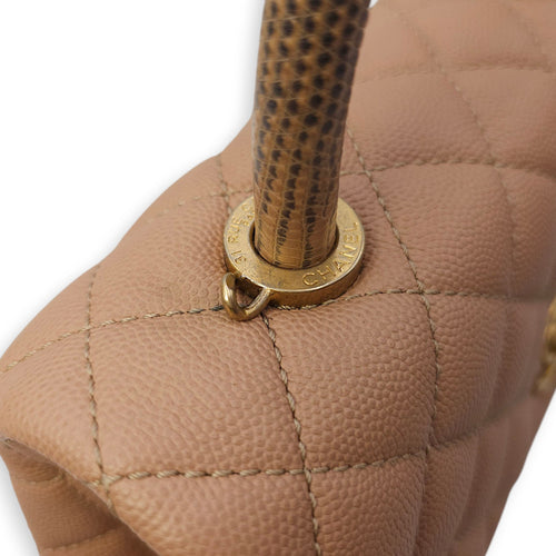 Quilted Coco Handle Small Beige Shoulder Bag in Caviar Leather, Gold hardware