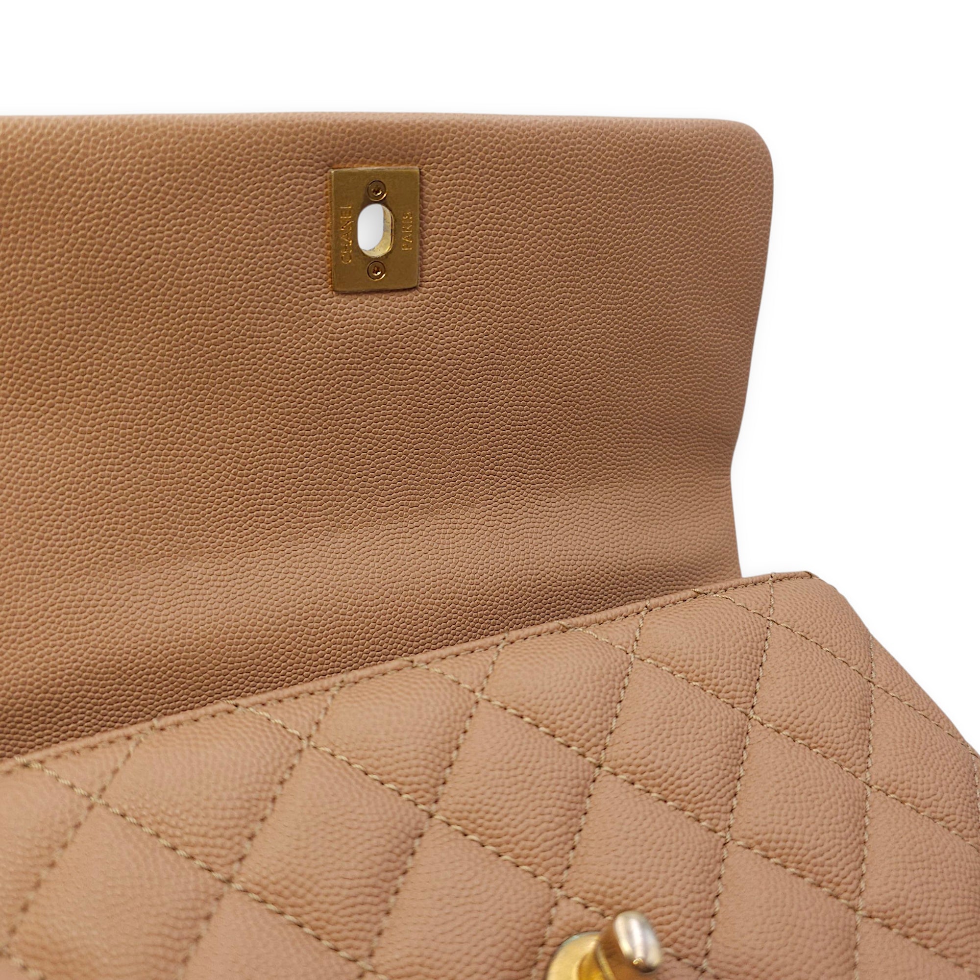 Quilted Coco Handle Small Beige Shoulder Bag in Caviar Leather, Gold hardware